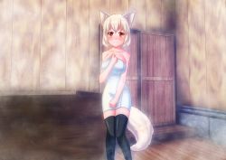 Rule 34 | 1girl, animal ears, bad id, bad pixiv id, black thighhighs, blush, breasts, casquette, cleavage, female focus, inubashiri momiji, naked towel, sauna, solo, tail, thighhighs, touhou, towel, white hair, wolf ears, wolf tail