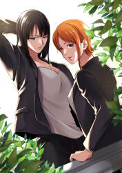 Rule 34 | 2girls, arm behind head, black hair, black jacket, blue eyes, blunt bangs, closed mouth, commentary, highres, jacket, kafuyutns, leaf, looking at viewer, looking back, multiple girls, nami (one piece), nico robin, one piece, orange eyes, orange hair, parted lips, shirt, short hair, sidelocks, upper body, white background, white shirt