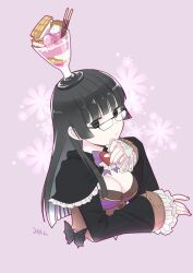 Rule 34 | 1girl, black-framed eyewear, black capelet, black coat, black eyes, black hair, blunt bangs, bow, bowtie, breasts, brown vest, capelet, cleavage, closed mouth, coat, commentary request, cookie, cup, cup on head, expressionless, fingernails, food, frilled capelet, frilled sleeves, frills, heart, hime cut, ice cream, ice cream sandwich, long hair, looking at viewer, macaron, medium breasts, miyan (shamigame), parfait, pink background, pocky, purple bow, purple bowtie, purple nails, ragnarok masters, ragnarok online, sidelocks, signature, solo, upper body, vest