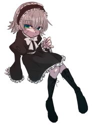 Rule 34 | 1girl, black dress, black footwear, black hair, boots, bow, bowtie, commentary request, dress, expressionless, facial scar, fate/apocrypha, fate/grand order, fate (series), full body, gothic lolita, green eyes, grey hair, highres, ichikawahonzen, jack the ripper (fate/apocrypha), lolita fashion, looking at viewer, scar, scar on cheek, scar on face, short hair, sketch, solo