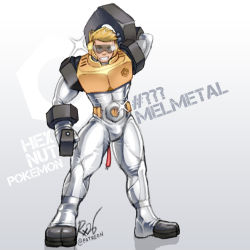 Rule 34 | 1boy, belt, blonde hair, bodysuit, carrying over shoulder, character name, creatures (company), full body, game freak, gen 7 pokemon, grey background, grin, headset, highres, looking at viewer, male focus, melmetal, mythical pokemon, nintendo, personification, pokemon, radx26, shiny clothes, signature, simple background, skin tight, smile, thighs, visor