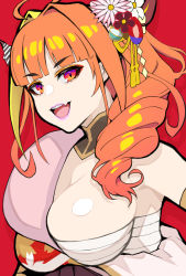 1girl, ahoge, bangs, blonde hair, bow, breasts, cleavage, detached collar, diagonal-striped bow, dragon girl, dragon horns, drill hair, eyebrows visible through hair, eyeshadow, fang, flower, gem, hair flower, hair ornament, hair over shoulder, highres, hololive, horn bow, horn flower, horns, japanese clothes, kimono, kiryuu coco, large breasts, lipstick, looking at viewer, makeup, multicolored, multicolored eyes, multicolored hair, off shoulder, official alternate costume, open mouth, orange eyeshadow, orange hair, purple eyes, red background, red eyes, sarashi, side drill, skin fang, slit pupils, smile, solo, streaked hair, striped, striped bow, terumin (yuganda sebone), virtual youtuber, yellow eyes, yukata