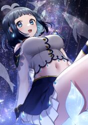 Rule 34 | 1girl, :d, ahoge, bare shoulders, black hair, blue eyes, blue skirt, blunt bangs, breasts, clothing cutout, colored inner hair, crop top, cropped shirt, earrings, from below, groin, highres, implied sex, indie virtual youtuber, jewelry, kazepana, large breasts, looking at viewer, midriff, miniskirt, multicolored hair, navel, open mouth, pleated skirt, see-through, see-through sleeves, shirt, shooting star, short hair, shoulder cutout, skirt, sky, smile, solo, sorara kujirako, star (sky), starry sky, thigh strap, virtual youtuber, whale, white shirt