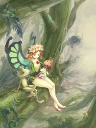 Rule 34 | 1girl, bad id, bad pixiv id, blonde hair, bottle, braid, butterfly wings, fairy, flask, flower, forest, frog, gameplay mechanics, head wreath, hiz, ingway (odin sphere), insect wings, mercedes (odin sphere), nature, odin sphere, onion, pointy ears, puff and slash sleeves, puffy sleeves, red eyes, round-bottom flask, sitting, solo, twin braids, wings