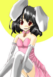 Rule 34 | 1girl, animal ears, bad id, bad pixiv id, black hair, elbow gloves, female focus, gloves, inaba tewi, r0g0b0, rabbit ears, red eyes, simple background, sitting, solo, thighhighs, touhou, white background