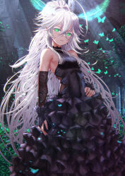 Rule 34 | 1girl, antenna hair, antennae, black dress, bug, butterfly, dress, elf, fantasy, frills, green eyes, high ponytail, highres, insect, kein hasegawa, long hair, looking at viewer, monster girl, moth, original, pointy ears, ponytail, very long hair, white hair