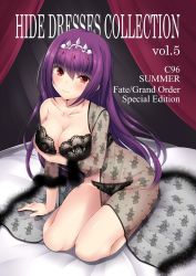 Rule 34 | 1girl, arm support, arm under breasts, bed, black bra, black panties, blush, bra, breasts, cleavage, collarbone, comiket 96, commentary request, english text, fate/grand order, fate (series), floral print, fur-trimmed sleeves, fur trim, hair between eyes, headpiece, highres, indoors, kneeling, kotohane, lace, lace-trimmed bra, lace-trimmed panties, lace trim, large breasts, light blush, lingerie, long hair, long sleeves, looking at viewer, panties, purple hair, scathach (fate), scathach skadi (fate), see-through, see-through silhouette, see-through sleeves, silver trim, single bare shoulder, smile, strap slip, underwear