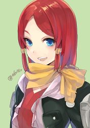 Rule 34 | 10s, 1girl, blue eyes, breasts, green background, hair ornament, jacket, open mouth, red hair, rose (tales), scarf, short hair, tales of (series), tales of zestiria