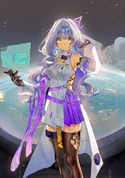 Rule 34 | 1girl, asymmetrical legwear, breasts, brown gloves, cleavage cutout, closed mouth, clothing cutout, continents, detached sleeves, earpiece, feet out of frame, fuyuhoshi27, gloves, high collar, highres, holographic monitor, id card, long hair, original, pink hair, purple skirt, skirt, small breasts, solo, space, standing, star (sky), yellow eyes