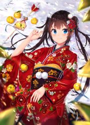 Rule 34 | 1girl, arrow (projectile), black sash, blue eyes, blurry, blurry foreground, blush, breasts, brown hair, closed mouth, colored tips, depth of field, floral print, flower, food, fruit, hair flower, hair ornament, highres, japanese clothes, kimono, long hair, long sleeves, looking at viewer, lying, mandarin orange, multicolored hair, na kyo, obi, on back, original, print kimono, red flower, red kimono, sash, small breasts, smile, snow, solo, twintails, white flower, wide sleeves