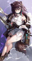 Rule 34 | 1girl, absurdres, animal ears, arknights, arrow (projectile), bandaid, bandaid on knee, bandaid on leg, bow (weapon), brown hair, coat, dress, erdongjinming, fur-trimmed coat, fur trim, highres, holding, holding bow (weapon), holding weapon, lunacub (arknights), quiver, tail, thigh strap, weapon, white dress, wolf ears, wolf tail, yellow eyes