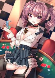 Rule 34 | 1girl, absurdres, bad id, bad pixiv id, between breasts, black thighhighs, breast hold, breasts, cameltoe, card, card between breasts, casino, casino card table, chair, choker, cleavage, clothes, collared shirt, curly hair, drill hair, dutch angle, frilled skirt, frills, garter straps, gokugetsu momo, happy, highres, holding, indoors, long hair, long sleeves, microskirt, moe2016, no bra, open mouth, original, panties, playing card, poker chip, purple eyes, purple hair, shirt, skirt, smile, solo, sparkle, striped clothes, striped skirt, table, thighhighs, twin drills, twintails, underwear, vertical-striped clothes, vertical-striped skirt, vest, white panties, white shirt