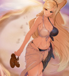Rule 34 | 1girl, absurdres, backlighting, beach, bikini, black eyes, blonde hair, breasts, cleavage, curvy, eyelashes, feet out of frame, footprints, front-tie bikini top, front-tie top, gaien (jin morisono), heterochromia, highres, hilda (under night in-birth), holding, holding shoes, large breasts, light smile, long hair, multicolored bikini, multicolored clothes, navel, ocean, ponytail, red eyes, sandals, sarong, shoes, side-tie bikini bottom, solo, sunset, swept bangs, swimsuit, under night in-birth, very long hair, walking