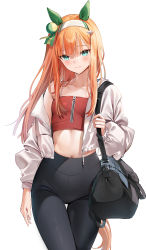 Rule 34 | 1girl, alternate costume, animal ears, bag, black pants, blue eyes, blush, breasts, closed mouth, commentary, cowboy shot, crop top, duplicate, ear covers, emyo, hairband, high-waist pants, highres, horse ears, horse girl, horse tail, jacket, long hair, long sleeves, looking at viewer, midriff, open clothes, open jacket, orange hair, pants, pixel-perfect duplicate, puffy long sleeves, puffy sleeves, shoulder bag, silence suzuka (umamusume), simple background, smile, solo, standing, tail, thigh gap, thighs, umamusume, white background, white hairband, white jacket