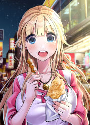 Rule 34 | 1girl, :d, blonde hair, blue eyes, blurry, blurry background, blush, breasts, eating, food, food request, jewelry, large breasts, long hair, looking at viewer, necklace, night, open mouth, original, outdoors, pendant, shirt, sign, skewer, smile, solo, upper body, white shirt, yukihiro (kimizora)
