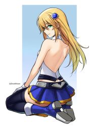 Rule 34 | 1girl, absurdres, back, backless shirt, black thighhighs, blazblue, blonde hair, blue footwear, blue skirt, boots, commentary, dootmoon, english commentary, from behind, gloves, green eyes, highres, long hair, looking at viewer, looking back, noel vermillion, pleated skirt, seiza, sidelocks, sideways glance, sitting, skirt, smile, solo, thighhighs, twitter username, variant set, white gloves, white hair
