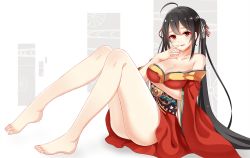 Rule 34 | 1girl, ahoge, azur lane, barefoot, black hair, breasts, cleavage, devil fish, feet, finger to mouth, japanese clothes, large breasts, long hair, looking at viewer, off shoulder, parted lips, red eyes, taihou (azur lane), toes, twintails
auuuf
