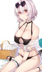 Rule 34 | 1girl, arm grab, azur lane, beach towel, between breasts, bikini, black bikini, breast hold, breasts, cleavage, cleavage cutout, closed mouth, clothing cutout, collarbone, commentary request, expressionless, eyewear on head, fingernails, hair between eyes, halterneck, heart, heart-shaped eyewear, highres, kon (k0n16), large breasts, looking at viewer, nail polish, navel, o-ring, o-ring top, red eyes, see-through, short hair, sidelocks, simple background, sirius (azur lane), sirius (scorching-hot seirios) (azur lane), sitting, solo, stomach, swimsuit, toes, towel, transparent, white hair, wrist cuffs