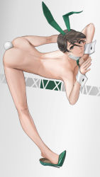Rule 34 | 1girl, anal tail, animal ears, ass, bow, bowtie, breasts, brown eyes, brown hair, detached collar, fake animal ears, fake tail, green bow, green bowtie, green footwear, grey background, hair between eyes, high heels, highres, jack-o&#039; challenge, large breasts, leotard, looking up, original, playboy bunny, rabbit ears, rabbit tail, simple background, solo, tail, top-down bottom-up, v.x., wrist cuffs