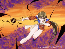 Rule 34 | 1996, 1girl, anjela, attack, brown hair, hair tubes, hammer, long hair, long pointy ears, looking at viewer, megami paradise, official art, pointy ears, red eyes, shoes, short sleeves, sidelocks, simple background, solo, very long hair, white background, yamauchi noriyasu
