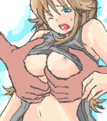 Rule 34 | 1girl, blue eyes, grabbing another&#039;s breast, breasts, brown hair, creatures (company), game freak, grabbing, green (pokemon), long hair, lowres, nintendo, nipples, pokemon, solo