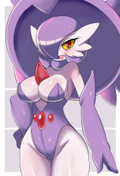 Rule 34 | 1girl, absurdres, alternate color, bare shoulders, blush, border, breasts, cleavage, colored sclera, cosplay, cowboy shot, creatures (company), curvy, game freak, gardevoir, gen 3 pokemon, grey background, hair over one eye, hand on own hip, hat, highleg, highleg leotard, highres, large breasts, leotard, looking at viewer, lucyfer, nintendo, open mouth, pokemon, pokemon (creature), purple hair, red eyes, shiny skin, short hair, smile, solo, teeth, upper teeth only, white border, witch hat, yellow sclera