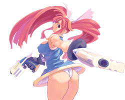 Rule 34 | 1girl, armpits, ass, blush, boots, breasts, cleavage, covered erect nipples, curvy, dress, dual wielding, earrings, from behind, gloves, gun, highres, holding, jewelry, large breasts, long hair, majima ryoji, original, panties, pink eyes, pink hair, red hair, ryoji (nomura ryouji), short twintails, simple background, solo, star (symbol), twintails, underwear, upskirt, very long hair, weapon