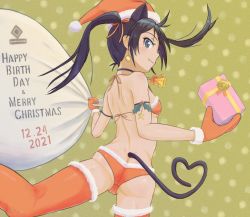 Rule 34 | 1girl, ass, bell, bikini, black hair, butt crack, choker, christmas, christmas present, commentary request, dated, earrings, francesca lucchini, gift, green eyes, happy birthday, hat, highres, jewelry, keicha (kmoekaki), looking at viewer, orange bikini, orange thighhighs, santa hat, solo, strike witches, swimsuit, tail, thighhighs, twintails, world witches series