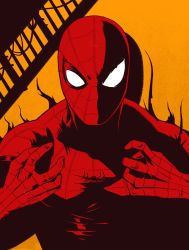 Rule 34 | 1boy, close-up, hands on own chest, highres, lem, looking at viewer, male focus, marvel, mask, shadow, solo, spider-man, spider-man (series), superhero costume, western comics (style), white hair