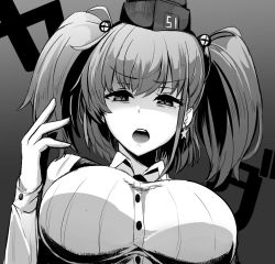 Rule 34 | 1girl, atlanta (kancolle), breasts, commentary request, dress shirt, earrings, garrison cap, greyscale, hat, jewelry, kantai collection, kihou no gotoku dmc, large breasts, long hair, long sleeves, looking at viewer, monochrome, open mouth, shirt, solo, star (symbol), star earrings, teeth, translation request, two side up, upper teeth only