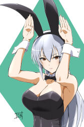 Rule 34 | 1girl, absurdres, animal ears, armpits, arms up, bare shoulders, black bow, black bowtie, black hairband, black leotard, bow, bowtie, breasts, brown eyes, cleavage, closed mouth, collar, detached collar, dot nose, fake animal ears, green background, grey hair, hairband, highres, idolmaster, idolmaster cinderella girls, idolmaster cinderella girls starlight stage, large breasts, leotard, long hair, looking at viewer, playboy bunny, rabbit ears, rabbit pose, signature, solo, strapless, strapless leotard, takamine noa, uchimura p, upper body, white collar, white wrist cuffs, wrist cuffs