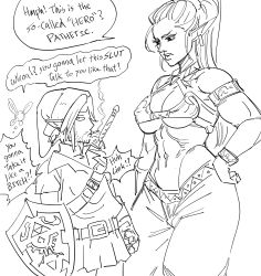 Rule 34 | abs, bad id, bb (baalbuddy), breasts, cigarette, cleavage, commentary, english commentary, english text, gerudo, gloves, greyscale, hand on own hip, harem pants, hat, highres, holding, holding shield, hylian shield, inactive account, instant loss, jitome, large breasts, link, looking at viewer, monochrome, mouth hold, navi, nintendo, pants, ponytail, profanity, sanpaku, shield, simple background, smoking, sword, sword behind back, the legend of zelda, underboob, weapon, weapon on back, white background