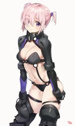 Rule 34 | 1girl, alternate hairstyle, armor, bikini armor, black bra, black gloves, black panties, blush, bra, breasts, closed mouth, cowboy shot, fate/grand order, fate (series), gloves, gorget, grey background, hair ornament, hair over one eye, highres, leg strap, looking at viewer, mash kyrielight, medium breasts, navel, panties, pink hair, purple eyes, short hair, signature, simple background, skindentation, smile, solo, thigh strap, thighhighs, twintails, underwear, yd (orange maru)
