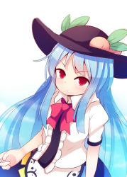 Rule 34 | 1girl, beni shake, blush, collared shirt, dress, food, food on head, fruit, fruit on head, hat, hinanawi tenshi, layered dress, long hair, looking at viewer, looking up, object on head, peach, pout, red eyes, shirt, solo, sun hat, touhou, very long hair