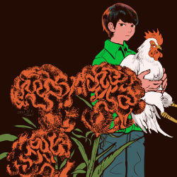 Rule 34 | 1boy, absurdres, bird, black background, black hair, blue pants, chicken, collared shirt, expressionless, flower, green shirt, highres, leaf, looking at viewer, original, pants, plant, red flower, rooster, shirt, short hair, simple background, solo, tomidoron
