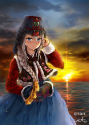 Rule 34 | 1girl, 9a-91 (girls&#039; frontline), artist name, ayam (clothes), blue eyes, blurry, blush, bokeh, braid, breasts, chima (clothes), cloud, cloudy sky, dated, depth of field, dusk, fur-trimmed jacket, fur trim, girls&#039; frontline, hair between eyes, hair ornament, hair over shoulder, hanbok, hand on own face, hat, hue301, jacket, jeogori (clothes), jokki (clothes), korean clothes, light particles, long hair, long sleeves, looking at viewer, medium breasts, ocean, revision, signature, silver hair, single braid, sky, solo, standing, star (symbol), star hair ornament, sun, sunlight, sunset, tareme, traditional clothes, very long hair, water