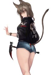 Rule 34 | 1girl, absurdres, akito (d30n26), animal ears, ass, axe, back, black-framed eyewear, black jacket, blood, blood on axe, bloody weapon, blue shorts, breasts, brown hair, cat ears, cat girl, cat tail, closed mouth, clothing cutout, cowboy shot, denim, denim shorts, eyebrows, eyelashes, fingernails, from behind, glasses, green eyes, hair between eyes, hair ornament, hair ribbon, hand up, highres, holding, holding axe, holding weapon, jacket, legs together, letterman jacket, long hair, looking at viewer, looking back, low twintails, medium breasts, original, pocket, red ribbon, ribbon, round eyewear, short shorts, shorts, simple background, small breasts, solo, standing, tail, tail ornament, tail ribbon, tail through clothes, thighs, twintails, watch, weapon, white background, wristband, wristwatch