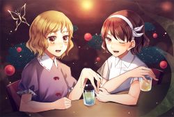 Rule 34 | 2girls, :d, ;d, alcohol, backlighting, blonde hair, blush, brown eyes, brown hair, chair, collared shirt, cup, dateless bar &quot;old adam&quot;, dress, drink, drinking glass, drunk, eyebrows, frilled sleeves, frills, hair ribbon, hairband, holding, kaede (mmkeyy), liquid, maribel hearn, multiple girls, one eye closed, open mouth, puffy short sleeves, puffy sleeves, purple dress, red ribbon, ribbon, ribbon-trimmed collar, ribbon trim, shirt, short sleeves, sitting, smile, table, touhou, upper body, usami renko, wavy hair, white ribbon, wing collar