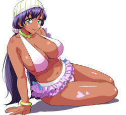 Rule 34 | 1girl, :q, alternate skin color, arm support, bare shoulders, bikini, blue eyes, blush, bracelet, breasts, cleavage, collarbone, dark-skinned female, dark skin, frilled skirt, frills, from side, gyaru, head scarf, heart, heart tattoo, jewelry, jyura, large breasts, long hair, looking at viewer, looking to the side, love live!, love live! school idol project, low twintails, microskirt, natsuiro egao de 1 2 jump!, navel, panties, purple hair, sideboob, sitting, skirt, smile, solo, stomach, striped clothes, striped panties, swimsuit, tan, tattoo, tongue, tongue out, tojo nozomi, twintails, underwear, yokozuwari