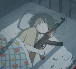 1boy absurdres avogado6 bed bed_sheet blood bullet closed_eyes gun highres holding holding_weapon original pillow rifle short_hair sleeping smile weapon