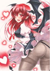 Rule 34 | 1girl, absurdres, ass, bat wings, black pantyhose, black skirt, blouse, blush, breasts, clothes lift, cowboy shot, demon tail, fang, frilled skirt, frills, from behind, from side, hair between eyes, head wings, heart, heart background, highres, koakuma, large breasts, leaning forward, long hair, looking at viewer, no panties, panties, panties under pantyhose, pantyhose, pointy ears, red eyes, red hair, shirt, skirt, skirt lift, solo, tail, thigh strap, thighband pantyhose, thighs, touhou, traditional media, underwear, white shirt, wings, yuuki chima