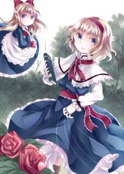 Rule 34 | 1girl, alice margatroid, apron, ascot, blonde hair, blue dress, blue eyes, book, bow, capelet, dress, female focus, flower, forest, grimoire, grimoire of alice, hair bow, hairband, jewelry, long hair, long sleeves, looking at viewer, miyakure, nature, puppet rings, puppet strings, red flower, red rose, ribbon, ring, rose, sash, shanghai doll, short hair, sky, smile, solo, string, touhou, waist apron
