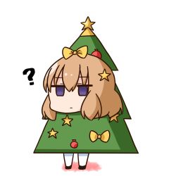 Rule 34 | 1girl, ?, black footwear, blend s, bow, christmas, christmas ornaments, christmas tree costume, closed mouth, commentary request, empty eyes, hair between eyes, hair bow, hair ornament, hana kazari, hoshikawa mafuyu, jitome, light brown hair, looking at viewer, pantyhose, purple eyes, shoes, simple background, solo, star (symbol), star hair ornament, white background, white pantyhose, yellow bow