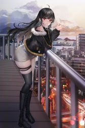 Rule 34 | 1girl, absurdres, balcony, bare shoulders, black hair, black socks, boots, city, cityscape, dress, fur collar, fur trim, head rest, highres, jacket, knee boots, kneehighs, legs together, lillly, original, outdoors, red eyes, short dress, single thighhigh, skindentation, skirt, socks, solo, thick thighs, thigh strap, thighhighs, thighs, waving