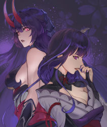 Rule 34 | 2girls, absurdres, bare shoulders, braid, breasts, bridal gauntlets, cleavage, company connection, finger in own mouth, from behind, genshin impact, gloves, greyscale, hair ornament, highres, honkai (series), honkai impact 3rd, horns, japanese clothes, kimono, kirr rr, large breasts, long hair, look-alike, looking at viewer, looking back, low-braided long hair, low-tied long hair, mihoyo, mole, mole under eye, monochrome, multiple girls, name connection, oni horns, open mouth, perspective, pink eyes, power connection, purple eyes, purple hair, raiden mei, raiden mei (herrscher of thunder), raiden shogun, sawashiro miyuki, simple background, trait connection, voice actor connection