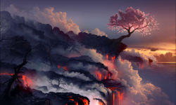 Rule 34 | arcipello, bare tree, cherry blossoms, cliff, cloud, daniel conway, lava, no humans, ocean, scenery, smoke, steam, sunset, tree