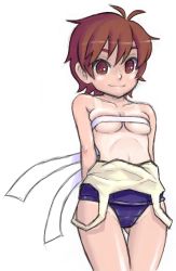 Rule 34 | 1girl, arms behind back, bad id, bad pixiv id, breasts, brown eyes, brown hair, budget sarashi, capcom, clothes pull, kasugano sakura, kouotsu, looking at viewer, one-piece swimsuit, one-piece swimsuit pull, one-piece tan, sarashi, school swimsuit, short hair, simple background, smile, solo, street fighter, swimsuit, tan, tanline, thigh gap, undressing, white background