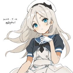 Rule 34 | 1girl, absurdres, bigkwl, black neckerchief, blue eyes, blue sailor collar, dress, gloves, grey hair, hat, highres, javelin (kancolle), kantai collection, long hair, loose hair strand, neckerchief, puffy short sleeves, puffy sleeves, sailor collar, sailor dress, sailor hat, short sleeves, solo, upper body, white background, white dress, white gloves, white hat