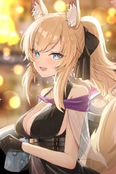 Rule 34 | 1girl, absurdres, alternate costume, animal ear fluff, animal ears, arknights, bag, black bow, blonde hair, blue bag, blue eyes, blurry, blurry background, bokeh, bow, breasts, center opening, cleavage, depth of field, fang, hair bow, handbag, highres, holding, holding bag, horn/wood, horse ears, horse girl, horse tail, jewelry, large breasts, lights, looking at viewer, necklace, open mouth, ponytail, purple sailor collar, sailor collar, sideboob, sidelocks, solo, tail, thick eyebrows, upper body, whislash (arknights)