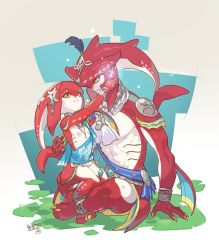 Rule 34 | 1boy, 1girl, abs, artist name, breasts, brother and sister, feet, fish girl, fish boy, full body, gem, gills, glowing, hand on another&#039;s face, jewelry, looking at another, mipha, mojaranmo, monster boy, monster girl, muscular, nintendo, scar, siblings, sidon, sitting, small breasts, smile, the legend of zelda, the legend of zelda: breath of the wild, yellow eyes, zora